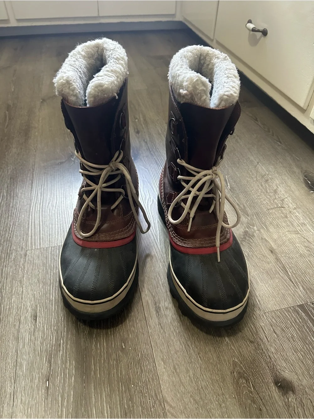 Sorel Brown and Black Women's Rain & Snow Boots with Red Accent
